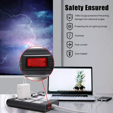 Ultra Flexible 10 Ft 15A Power Strip With Six Outlets And Four USB Ports, Heavy Duty Surge Protector with reset switch