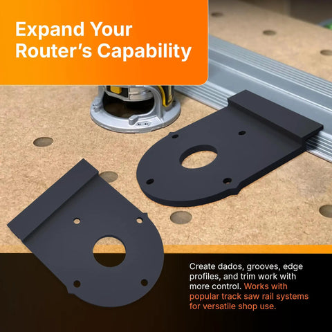 Router Rail Adapter For DeWalt DCW600 on workbench with black guide plate for precision cutting and rail tracking