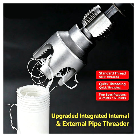 Heavy Duty Pipe Threader Kit For 1/2 And 3/4 Inch NPT Pipes showing upgraded integrated pipe threader cutting PVC pipe.