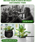 Two images: woman tending to potted plants on balcony and illustration showing root watering; text highlighting Smart Drip Irrigation System For 15 Pots With Solar And USB C Dual Charging 2200mAh Battery IPX5 Waterproof Auto Timer Modes For Indoor Outdoor Garden Balcony And Patio Self Watering Kit Plug N Play benefits