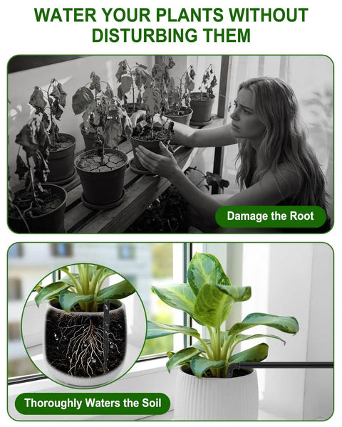 Two images: woman tending to potted plants on balcony and illustration showing root watering; text highlighting Smart Drip Irrigation System For 15 Pots With Solar And USB C Dual Charging 2200mAh Battery IPX5 Waterproof Auto Timer Modes For Indoor Outdoor Garden Balcony And Patio Self Watering Kit Plug N Play benefits