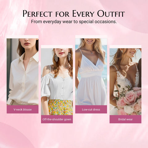 Strong Hold Double Sided Fashion Tape For Women That Stays Put All Day Invisible Under Clothes Skin Friendly Adhesive For Clothing Perfect For Low Cut Tops Deep V Neck Dresses Open Back Styles Confidence On Lock shown with various outfits including a V-neck blouse and bridal wear.