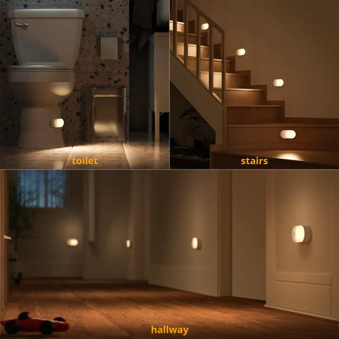 Rechargeable Battery Night Light With Motion Sensor USB C Quick Charge Adjustable Brightness Warm White LED in bathroom, stairs, hallway
