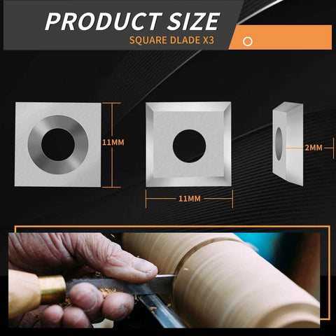 Front view of a 12-piece carbide lathe insert set; includes 11mm square, 12mm and 8.9mm rounds, and 30x10mm diamond.