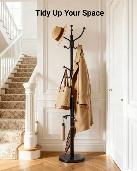 Heavy Duty Coat Rack With Marble Base And 16 Hooks Freestanding Coat Tree With Detachable Umbrella Holder in hallway