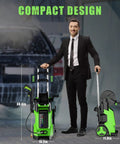Man beside Electric Power Washer 2200 PSI 2.0 GPM with 4 Interchangeable Nozzles and Foam Cannon Hose Reel, compact design shown