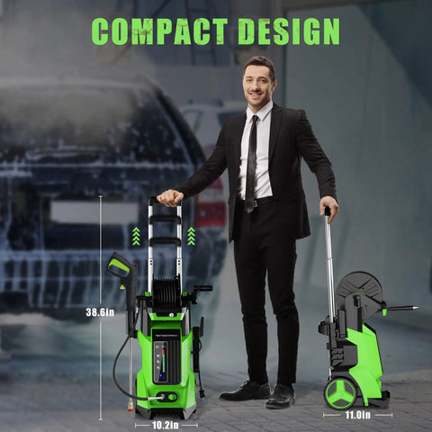 Man beside Electric Power Washer 2200 PSI 2.0 GPM with 4 Interchangeable Nozzles and Foam Cannon Hose Reel, compact design shown
