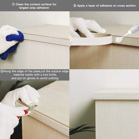 Step-by-step application of Gold Edge Banding 2 Inch By 25 Foot Brushed Aluminum Edge Trim for cabinet restoration.