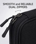 Close-up of dual zippers on black Waterproof Travel Cable Organizer Pouch With Double Layer Storage For Cords Chargers Phones.