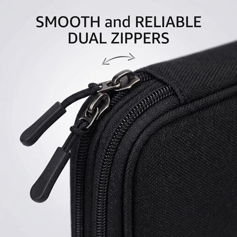 Close-up of dual zippers on black Waterproof Travel Cable Organizer Pouch With Double Layer Storage For Cords Chargers Phones.