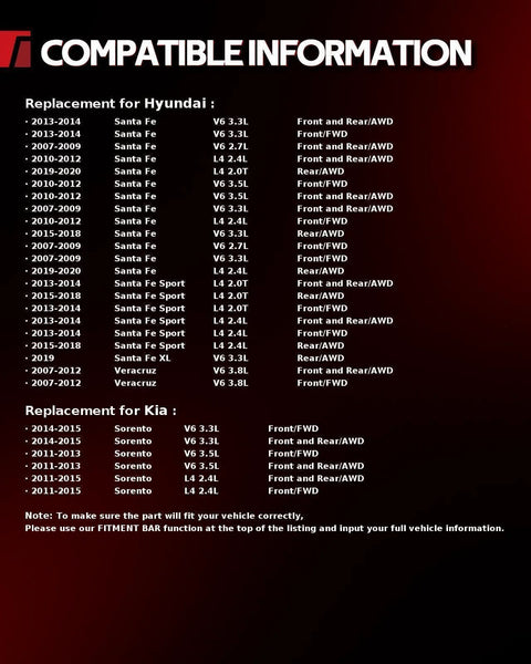 Compatibility chart for Front And Rear Wheel Bearing And Hub Assembly Fits 2007 Through 2020 Hyundai Santa Fe AWD and related models