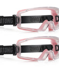 Front view of pink safety goggles over glasses 2 pack with ANSI Z87.1 certification, clear lenses, and adjustable strap.