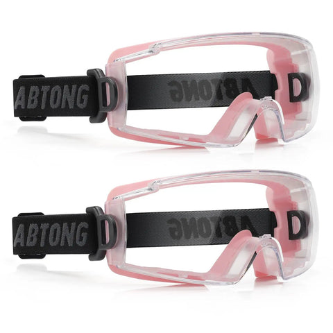 Front view of pink safety goggles over glasses 2 pack with ANSI Z87.1 certification, clear lenses, and adjustable strap.