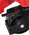 Close-up of polyurethane wheel and locking mechanism of Heavy Duty Drum Lifter And Rotator Tool for 55 gallon steel or plastic barrels.