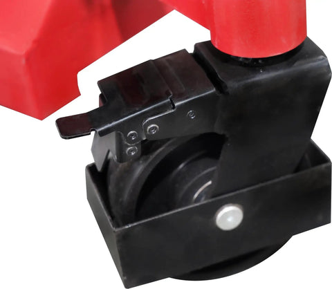 Close-up of polyurethane wheel and locking mechanism of Heavy Duty Drum Lifter And Rotator Tool for 55 gallon steel or plastic barrels.