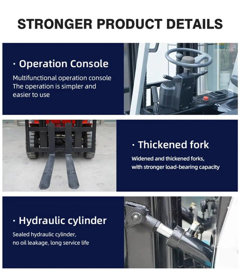 Heavy Duty 2 Ton And 3 Ton Electric Forklift Stacker With Compact Design For Easy Warehouse Material Handling showing operation console and hydraulic cylinder.