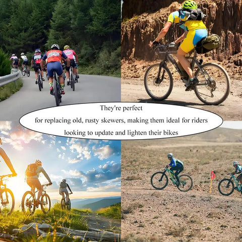 Cyclists on varied terrains, promoting Two Pack Quick Release Bicycle Skewers Aluminum Front And Rear Axles 112mm And 150mm