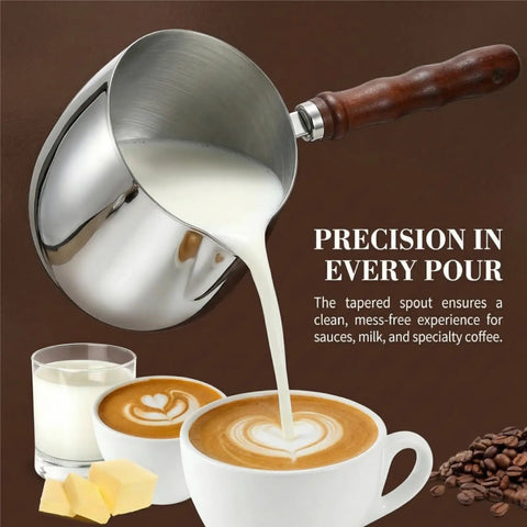 Two Size Turkish Coffee Pot And Milk Warmer Set In 13.5 Oz And 20 Oz, 18 By 8 Stainless Steel With Wooden Handle pouring milk into coffee
