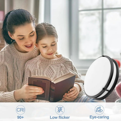 Mother and child reading near Black Flush Mount Ceiling Light 13 Inch 30W Dimmable LED Fixture With 3000K 4000K 5000K Tunable Color Temperature And 3000 Lumen Brightness A Dope Choice For Hallways Bedrooms Kitchens Bathrooms Laundry 2 Pack