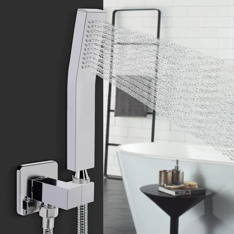 Handheld Shower Head Kit With High Pressure Flow Wall Connector And Hose 304 Stainless Steel Chrome Finish Luxury Bathroom Shower System With Modern Square Design spraying water