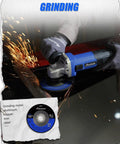 Rugged 7.5 Amp Angle Grinder With 4 1/2 Inch Wheel, 12,000 RPM in use grinding metal, sparks flying, auxiliary handle visible