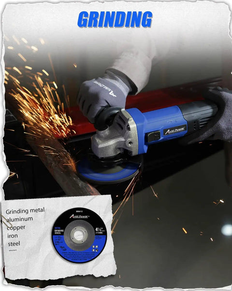 Rugged 7.5 Amp Angle Grinder With 4 1/2 Inch Wheel, 12,000 RPM in use grinding metal, sparks flying, auxiliary handle visible