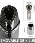 Aluminum Exhaust Muffler Slip-On With Removable dB Killer showing carbon finish and component dimensions