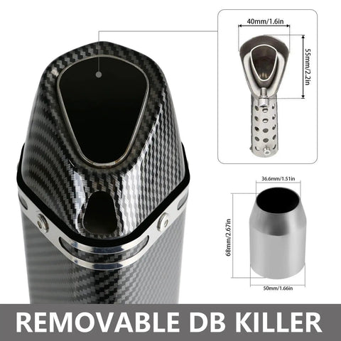 Aluminum Exhaust Muffler Slip-On With Removable dB Killer showing carbon finish and component dimensions