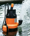 Heavy Duty Submersible Sump Pump With Auto Float Switch And Killer High Flow 0.5Hp Motor functioning in water.
