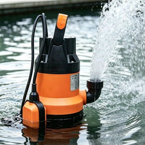 Heavy Duty Submersible Sump Pump With Auto Float Switch And Killer High Flow 0.5Hp Motor functioning in water.