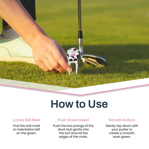 Cow Shaped Golf Ball Marker With Hat Clip Cute Durable Metal Golf Accessory For Women Golfers shown in use on green