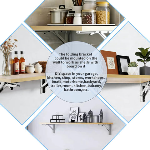 Heavy Duty 2 Pack Folding Shelf Brackets In Corrosion Resistant Stainless Steel With Collapsible Triangle Frame mounted with shelves.