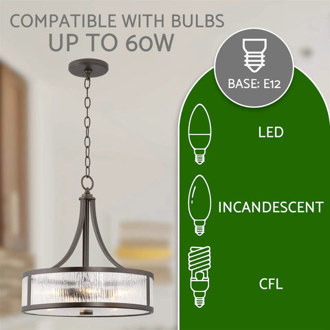 Scarlett 17 Inch 4 Light Modern Drum Chandelier in oil rubbed bronze, 60W bulb compatibility with ripple glass panel shade