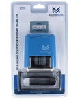 No Mess Self Inking Custom Stamp Kit With Dual Shade Blue And Red Ink Pads And Handy Tweezers For Quick Change Setup packaging showing self-inking date stamp.