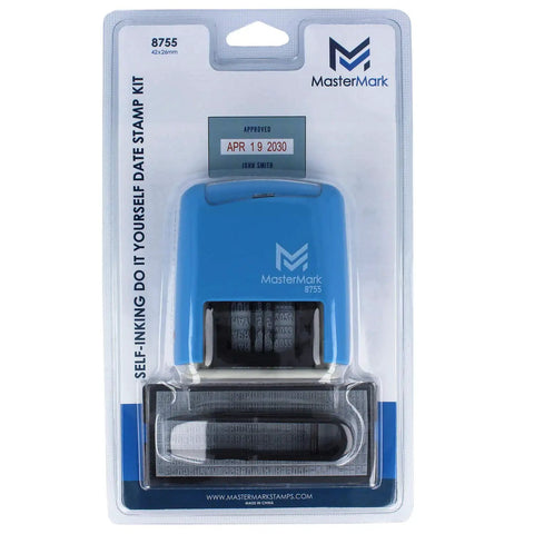 No Mess Self Inking Custom Stamp Kit With Dual Shade Blue And Red Ink Pads And Handy Tweezers For Quick Change Setup packaging showing self-inking date stamp.