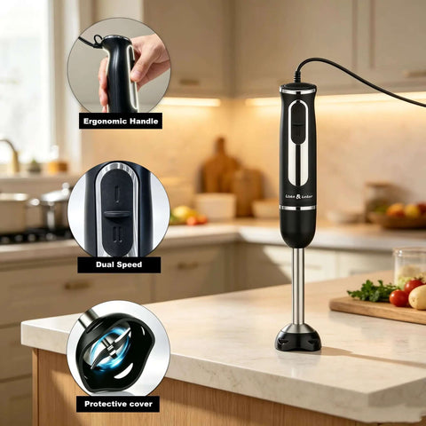 Smooth As Silk 300 Watt Immersion Stick Blender With Rock Solid Build showcasing ergonomic handle and dual speed features.