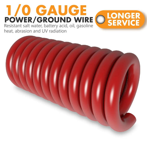 1/0 Gauge CCA Copper Clad Aluminum Power Ground Wire 20ft Red For Car Amplifiers Big 3 Upgrade Battery Cable With Lug Terminals And 3:1 Heat Shrink Tubing Durable Auto Electrical Cable coiled red wire