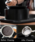 Effortless Electric Portafilter Cleaner Ditches The Messy Scrub And Kicks Out Stale Coffee Grounds In Seconds showing before and after cleaning.