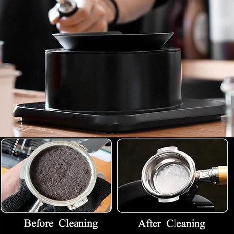 Effortless Electric Portafilter Cleaner Ditches The Messy Scrub And Kicks Out Stale Coffee Grounds In Seconds showing before and after cleaning.