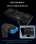 Platinum 1000W SFX Power Supply with Fully Modular Cables and Fanless Low Noise Mode, blue 12V-2x6 connector detail, ATX 3.1 PCIE 5.1 compliance.