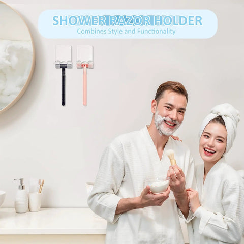 Heavy Duty Adhesive Shower Razor Holder Clear Acrylic Bathroom Organizer Zero Drill Hassle Quick Install Universal Fit Guys And Gals Bomb Sturdy Elegant Two Pack Vanity Storage Rack