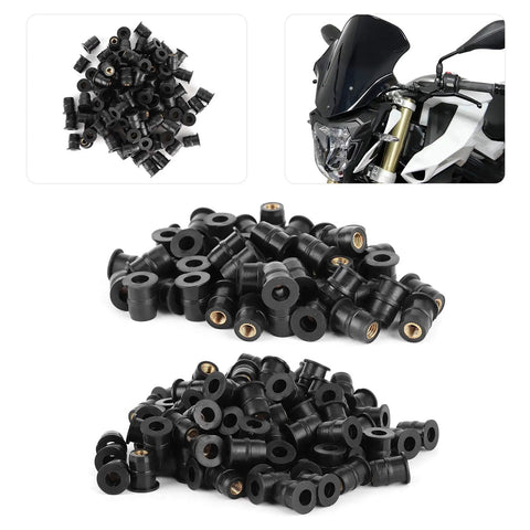 Super Tough M5 Rubber Nuts For Motorcycle And Atv Windscreen Fairing Fasteners, 100-piece black rubber grommets with brass inserts.
