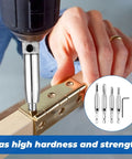 Dead On Self Centering Hinge Drill Bit Set For Doors And Cabinets With Spring Loaded Guide setup on a brass hinge with drill.
