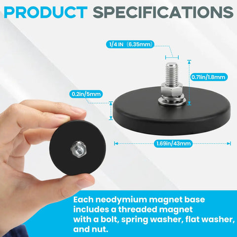 All In One 30 Pack Rubber Coated Magnets With Quarter Inch Bolts Washers And Nuts 30 Lb Each Heavy Duty Mounting Kit For Home Garage Workshop Built To Last Neodymium Magnetic Mounting Hardware For Multiple Points; black 1.69in magnet with 1/4in bolt