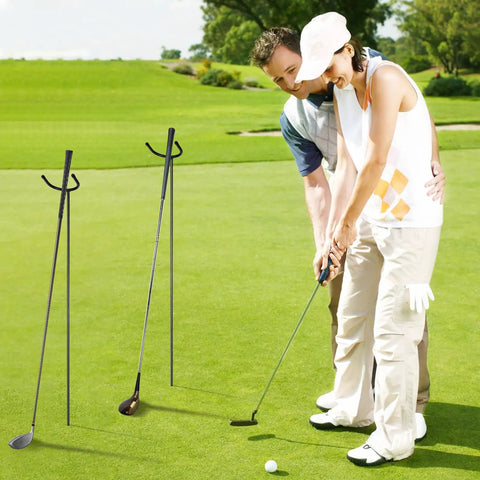 Two U Shaped Golf Club Holder Sets on the course with couple golfing, detachable metal stands for easy carry and visibility.