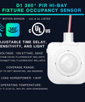Ceiling Occupancy Motion Sensor For High Bay Lights 360 Degree Coverage 120 To 277 VAC Hard Wired UL Listed front view