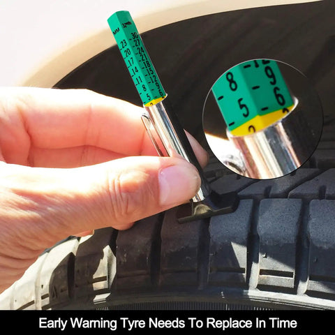 Two-Sided Color Coded Tire Tread Depth Gauge With Inch And Millimeter Calibration, Easy Read Tire Wear Gauge Reads In 32nds, Quick Diy Friendly Tool For Your Tire Health Check, Pack Of 2 measuring tire tread on a worn tire