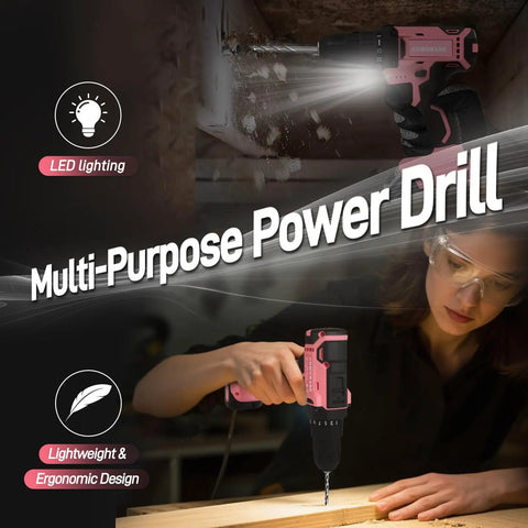 Pink 120 Piece Home Tool Kit With 20V Cordless Drill Driver In Plastic Toolbox For Women DIY Set Perfect For Office Garden