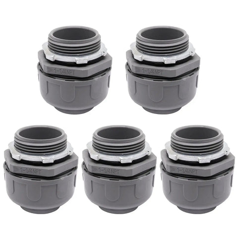Five-pack of non-metallic liquid tight conduit connector, 1-1/4 inch PVC fittings with dome seal, weatherproof, UL listed 125C.