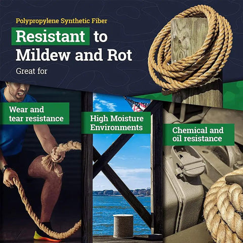 Twisted ProManila Rope UnManila 3 Strand Lightweight Polypropylene Rope for outdoor use, highlighting mildew resistance.